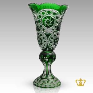Charming-green-long-footed-elegant-crystal-vase-embellished-with-stylish-hand-carved-pattern