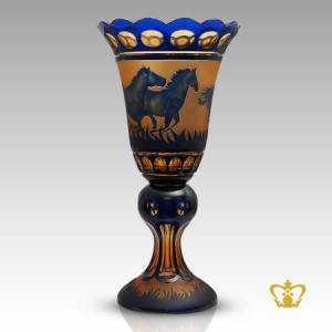 Imperial-enchanting-blue-and-amber-crystal-long-footed-vase-with-reflection-of-running-horses-hand-carved-lovely-decorative-gift
