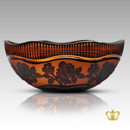 Sophisticated-amber-round-crystal-bowl-with-embellished-handcrafted-rose-intense-pattern-engraved-decorative-gift