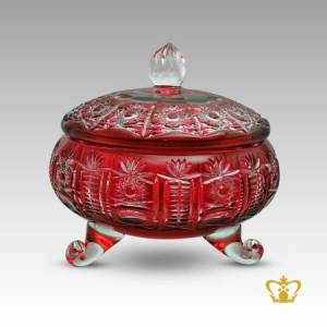 Charming-ruby-red-elegant-footed-crystal-candy-jar-enhanced-with-modish-pattern