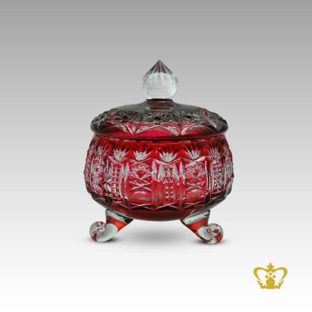Lovely-ruby-red-handcrafted-crystal-candy-jar-allured-with-luminous-clear-hand-carved-pattern
