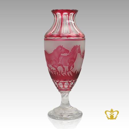 Timeless-enchanting-crystal-vase-with-running-horses-hand-carved-in-pink-hue-lovely-decorative-gift-