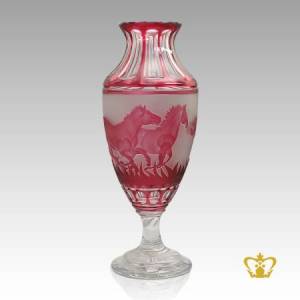 Timeless-enchanting-crystal-vase-with-running-horses-hand-carved-in-pink-hue-lovely-decorative-gift-