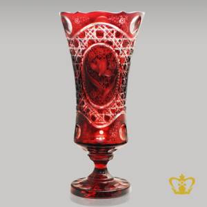 Gorgeous-long-footed-red-crystal-vase-adorned-with-handcrafted-floral-pattern-and-intense-diamond-cuts
