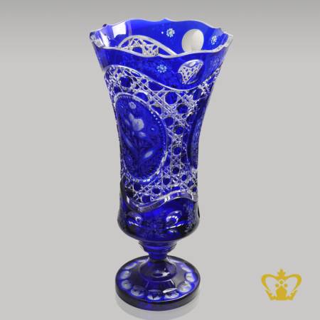 Stunning-elegant-long-footed-blue-crystal-vase-adorned-with-handcrafted-floral-pattern-and-intense-diamond-cuts