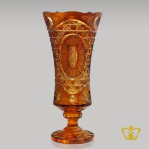 Gorgeous-amber-footed-crystal-vase-adorned-with-handcrafted-floral-pattern-and-intense-diamond-cuts