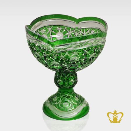 Tantalizing-green-footed-crystal-bowl-with-intense-gleaming-charming-pattern-hand-carved