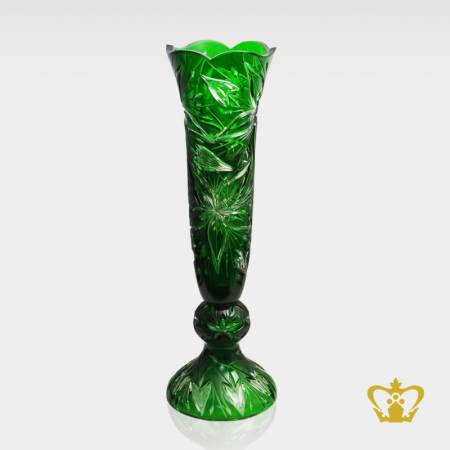 Enchanting-splendid-green-long-footed-crystal-vase-adorned-with-handcrafted-floral-pattern