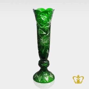 Enchanting-splendid-green-long-footed-crystal-vase-adorned-with-handcrafted-floral-pattern