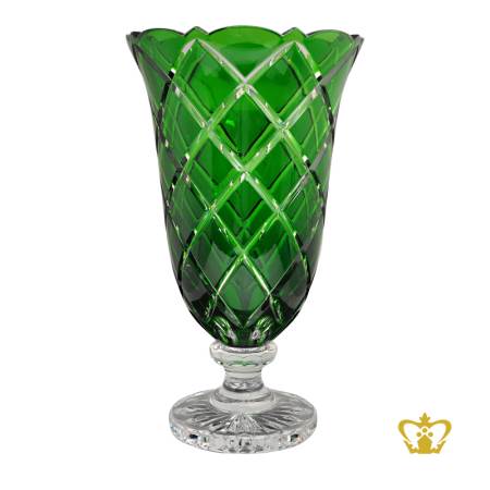 Modish-alluring-green-footed-crystal-vase-adorned-with-stylish-handcrafted-cross-pattern-decorative-gift