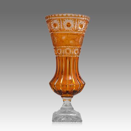 Classy-graceful-amber-crystal-elegant-footed-vase-intense-floral-pattern-traditional-star-cuts-handcrafted-stunning-decorative-gift