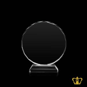 Crystal-circle-trophy-with-facet-diamond-cuts-on-edges-with-clear-base-customized-logo-text