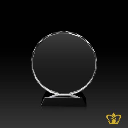 Crystal-circle-trophy-with-facet-diamond-cuts-on-edges-with-black-base-customized-logo-text